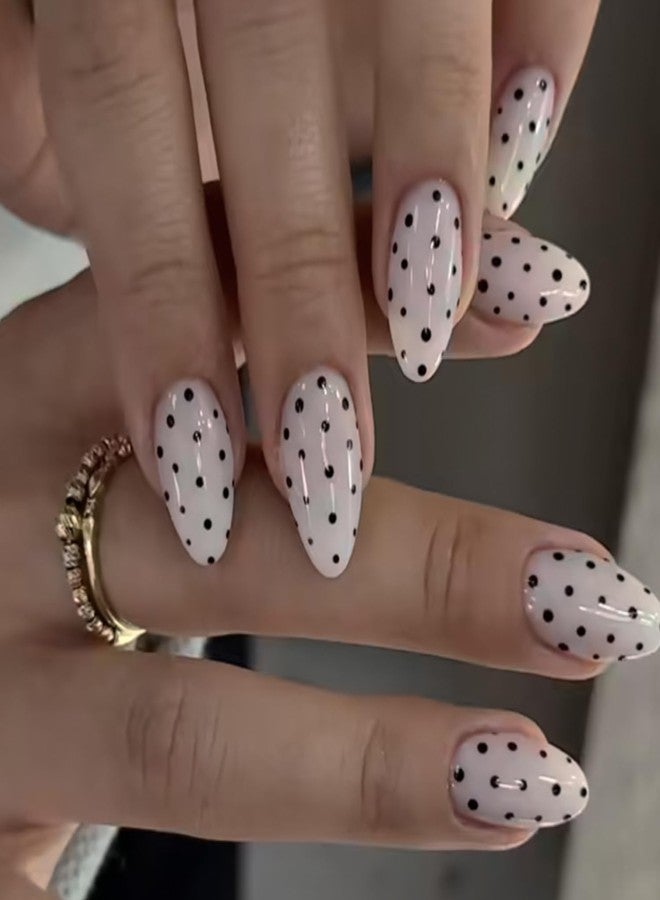 OSTTMA 24Pcs Polka Dot Press On Nails Almond Shape Fake Nails for Women, Glossy Acrylic Nail with Black Dots Design, Medium Length Glue On Nails Reusable Stick on Nail for Daily Wear Party - Image 1